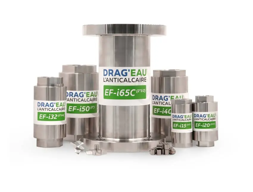 Gamme d’anticalcaires Drag’eau en inox, du plus petit modèle pour maison au modèle à brides